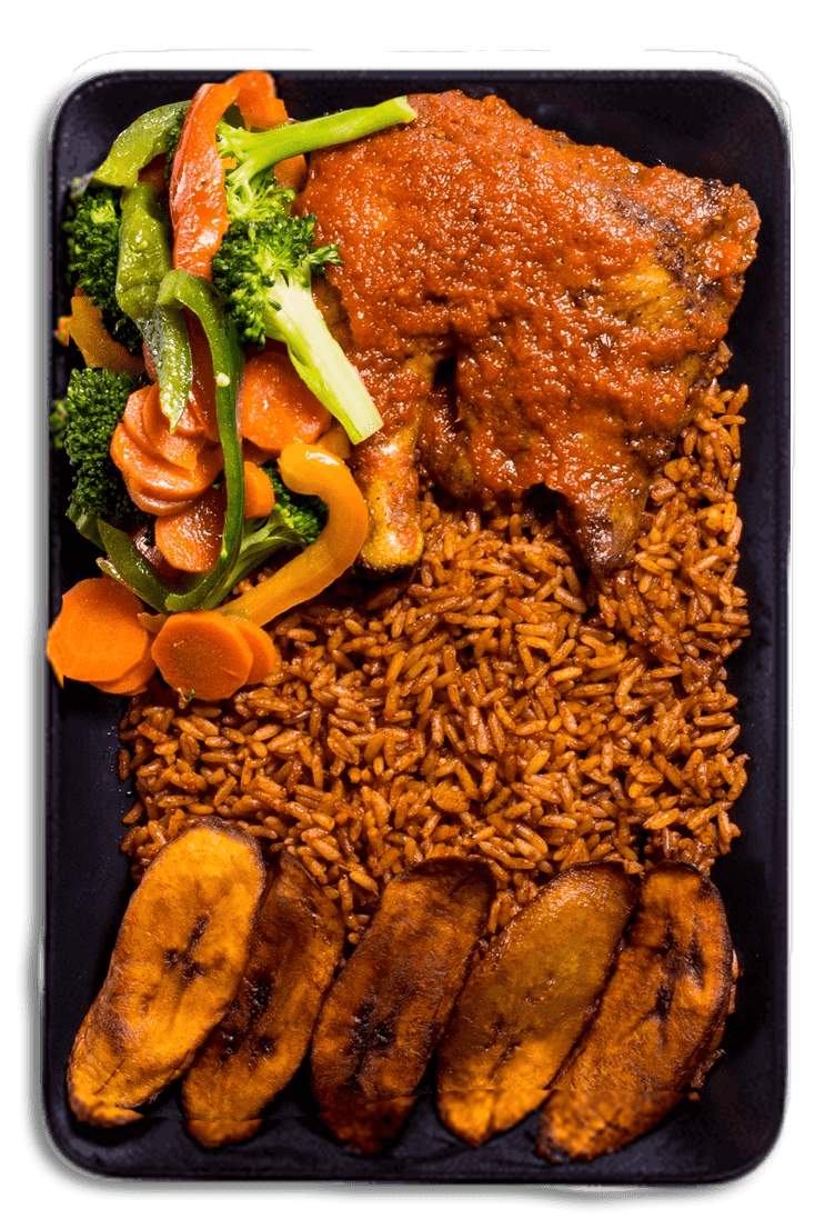 Rice and fried plantain, ready for delivery